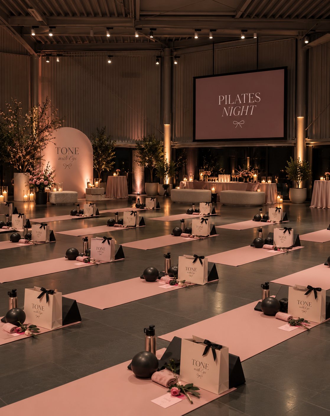 A candlelit event space set with blush Pilates mats, Tone with Eys gift bags and a Pilates Night screen